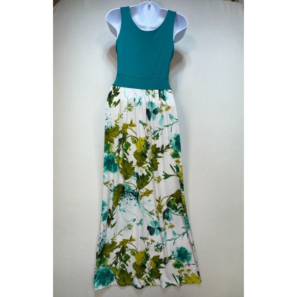 Gilli Teal & Floral Maxi Dress - Sleeveless V-Neck - Chic Beach Stunning - USA - Picture 9 of 14